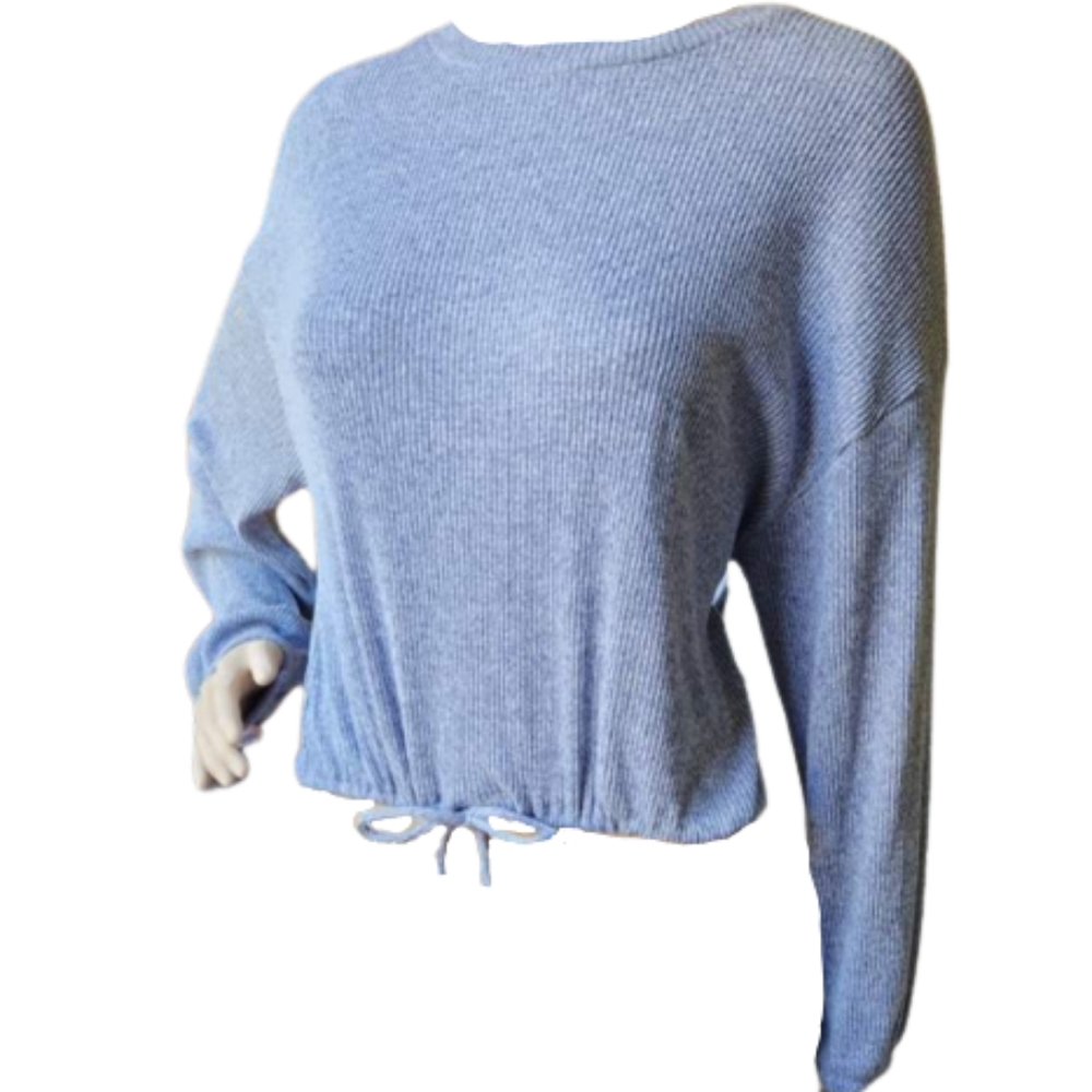 Gilly Hicks Cropped Ribbed Solid Crew Neck Drawstring Pull Over Sweater - Picture 3 of 10